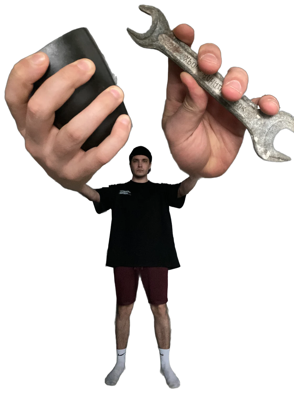 H1N3N1 holding a wrench and a mug